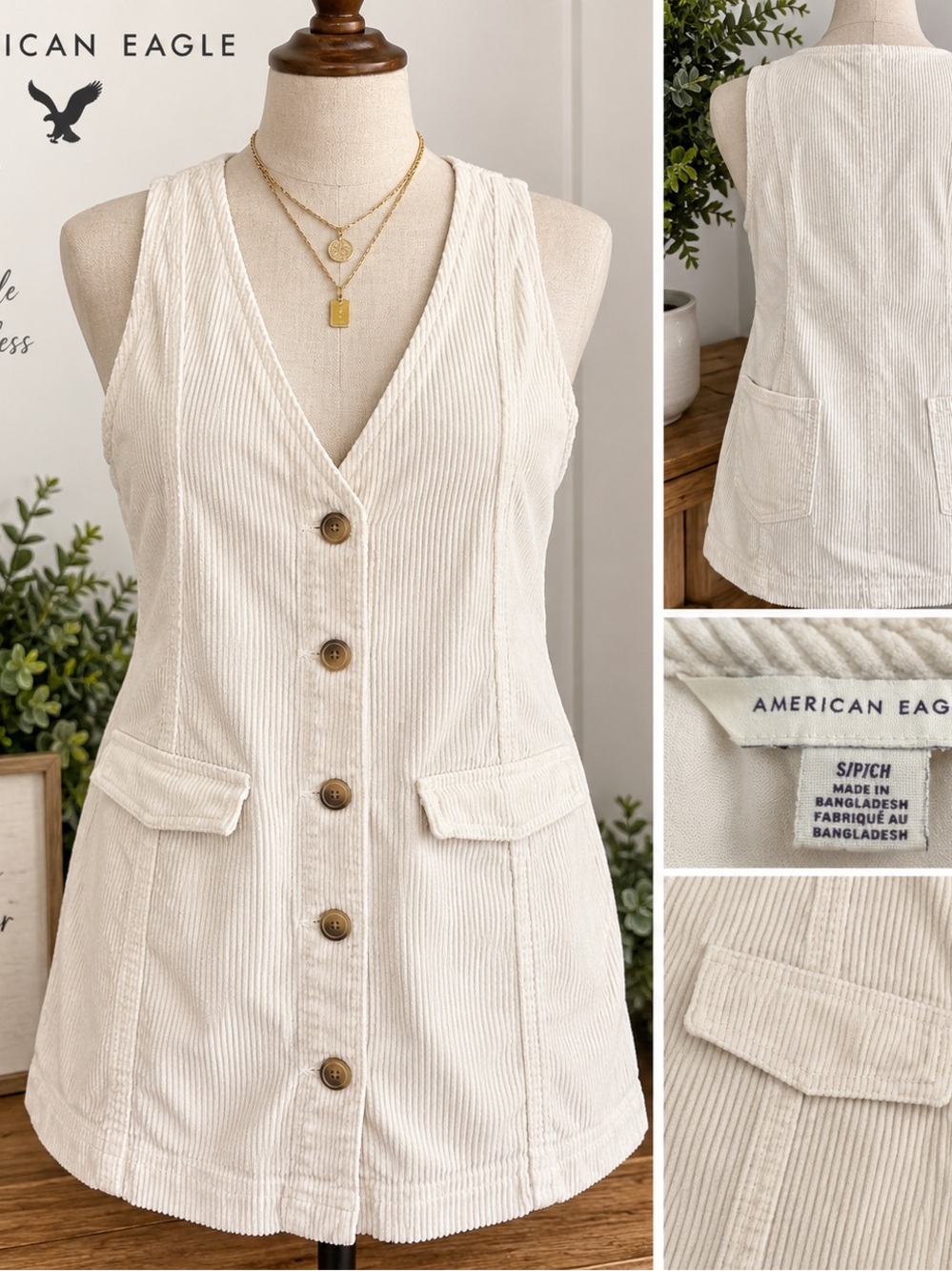 American Eagle Cream Corduroy Mini Dress Button Front Size Small